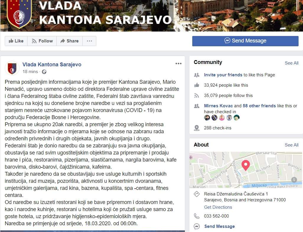 Vlada KS.jpg - FUCZ: Zabranjuje se rad kafića, kino sala, muzeja, svih objekata za masovno okupljanje